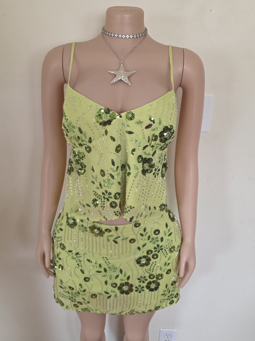 No Boundaries Lime Green Sequin Floral Slip Top & Skirt Set